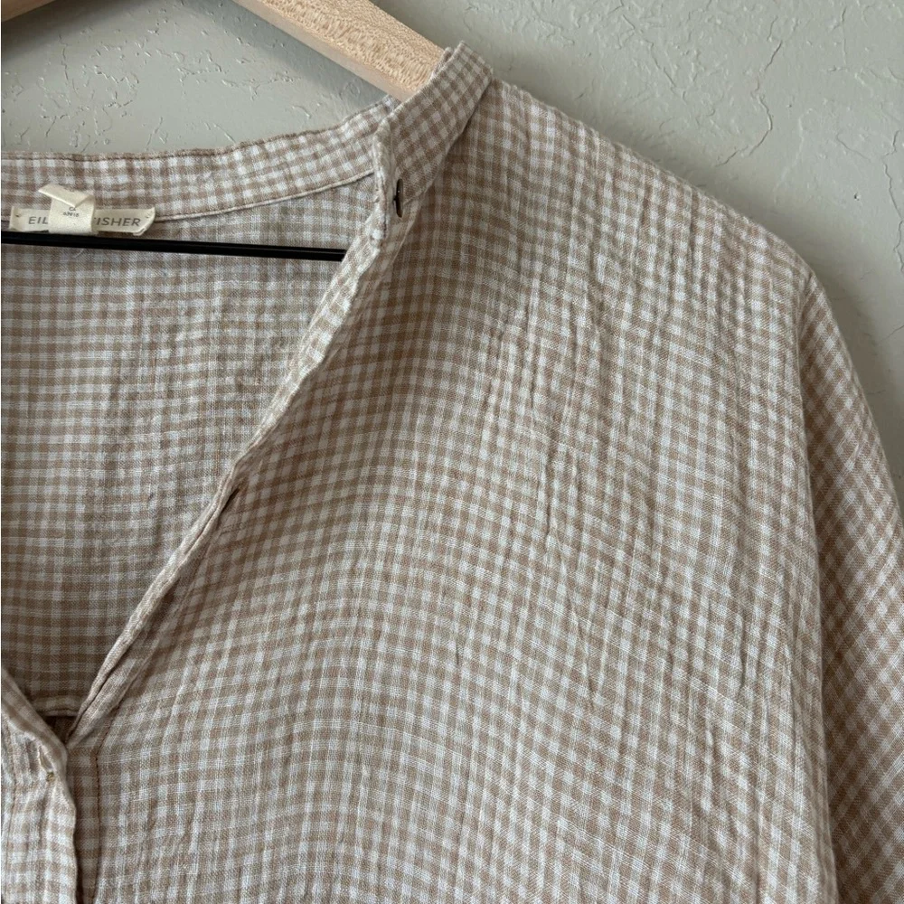 Eileen Fisher Organic Linen Tan Gingham Boxy Top Size Large - Picture 3 of 5